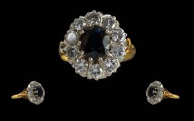 Edwardian Period 1901 - 1910 Ladies 18ct Gold Sapphire and Diamond Set Cluster Ring, Marked 18ct