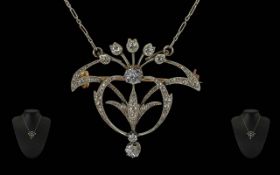 Art Nouveau Ladies 18ct White Gold Diamond Set Necklace with Drop, Can Convert to Brooch If
