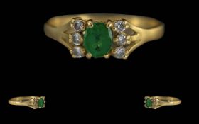 Ladies 18ct Gold Attractive Emerald and Diamond Set Ring, Full Hallmark to Interior of Shank. The