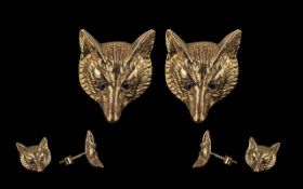 Ladies Novelty Pair of 14ct Gold Earrings in the form of fox heads, the eyes set with blue