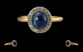 Ladies 18ct Gold Diamond & Sapphire Set Cluster Ring. Not marked, tests high ct gold. The cabochon