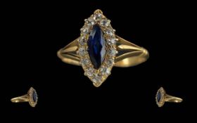 Antique Period - Excellent Ladies 18ct Gold Boat Shaped Diamond and Sapphire Set Dress Ring. Full