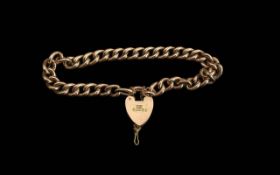 Antique Period Pleasing 9ct Gold Curb Bracelet with Heart Shaped Padlock and Safety Chain. All Links