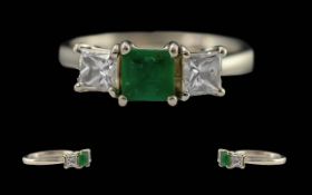 Ladies Pleasing Platinum Three Stone Diamond & Emerald Set Ring. Full hallmark Platinum 950 to