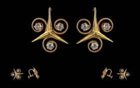 Ladies Excellent Pair of 9ct Gold Diamond Set Earrings, in the form of a shamrock/ star shape,