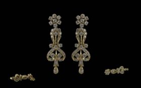 Antique Pair of 12ct Gold Diamond Set Ladies Drop Earrings. Excellent Design / Form. The Small