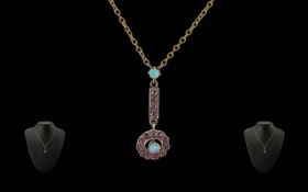 Antique Period 9ct Gold Opal & Garnet Set Pendant & Chain marked 9ct. Garnets of pale colour and