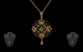 Antique Period Ladies 15ct Gold Peridot and Black Seed Pearl Set Open Worked Pendant, Not Marked but