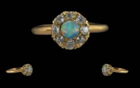 Edwardian Period 1901 - 1910 Ladies Exquisite 18ct Gold Opal and Diamond Set Cluster Ring. Marked