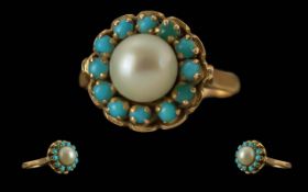 Ladies 18ct Gold Attractive Turquoise and Pearl Set Ring, Flower head Setting. The Central Pearl