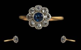 Antique Period - Ladies Exquisite 18ct Gold Diamond and Blue Sapphire Set Cluster Ring. Marked