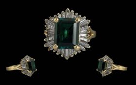 Ladies Art Deco Style 14ct Gold Green Stone and Diamond Set Dress Ring, Tests Green Stone (