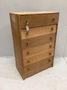 A mid century Stag bleached oak six drawer chest, width 76cm, depth 43cm, height 119cm