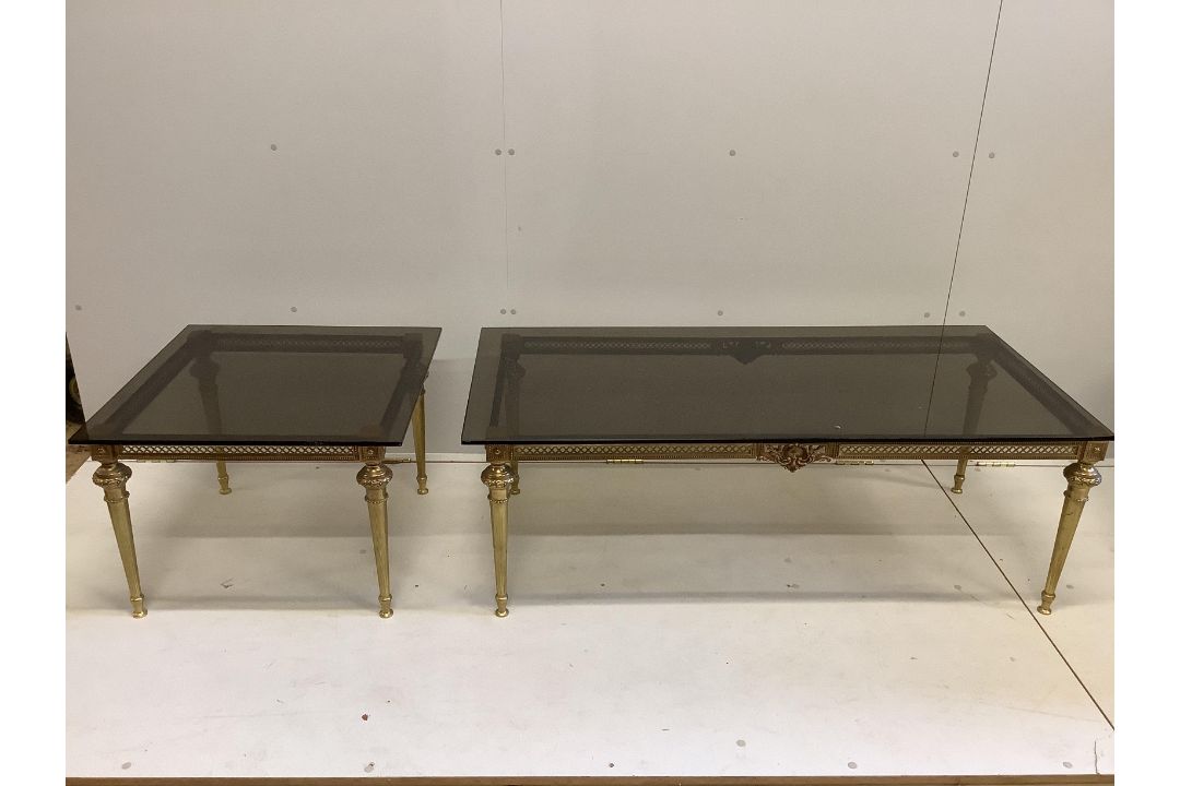 Two brass and smoked glass top coffee tables, larger width 133cm, depth 65cm, height 47cm - Image 1 of 2