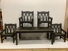 A rectangular stained teak garden table, width 182cm, depth 91cm, height 70cm and four chairs