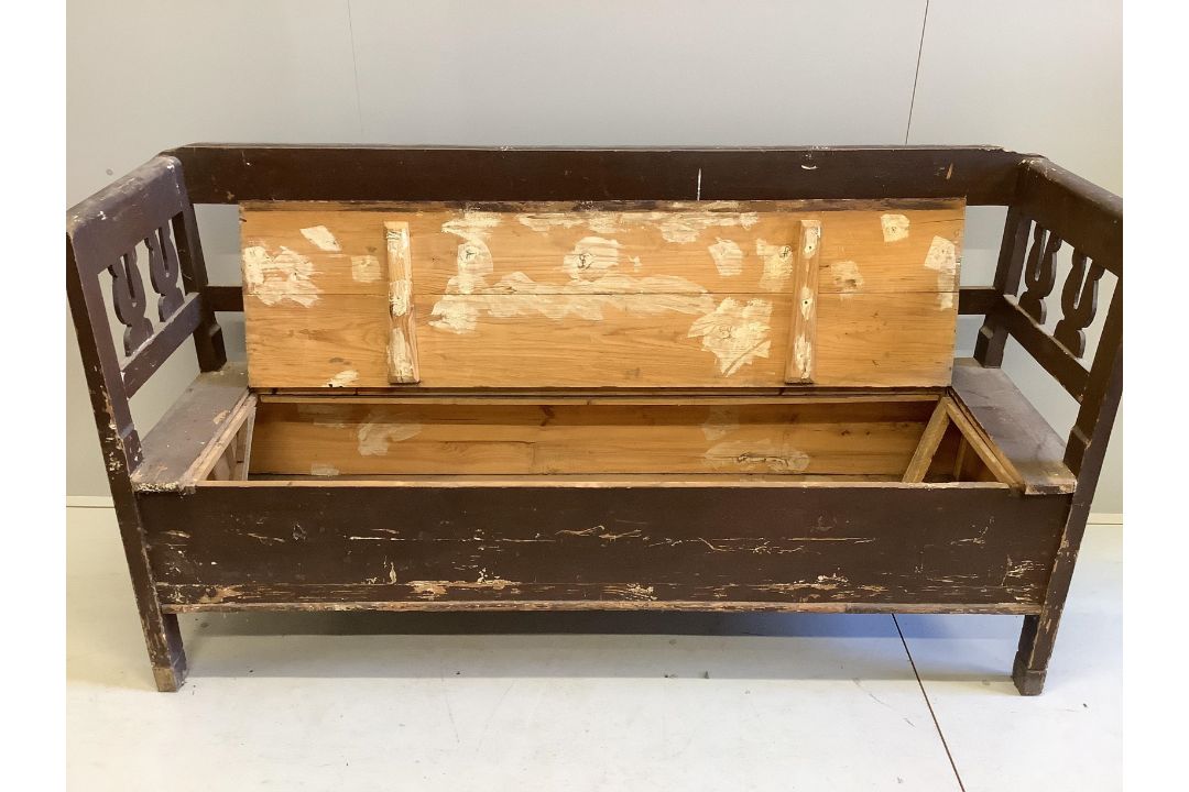 A 19th century Continental painted pine box seat settle, width 186cm, depth 52cm, height 98cm - Image 2 of 2