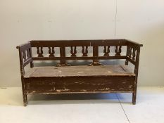 A 19th century Continental painted pine box seat settle, width 186cm, depth 52cm, height 98cm