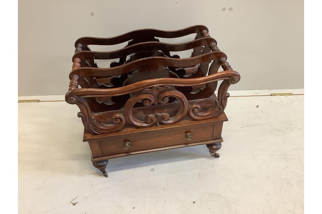 A Victorian rosewood three division Canterbury, width 55cm, depth 35cm, height 43cm