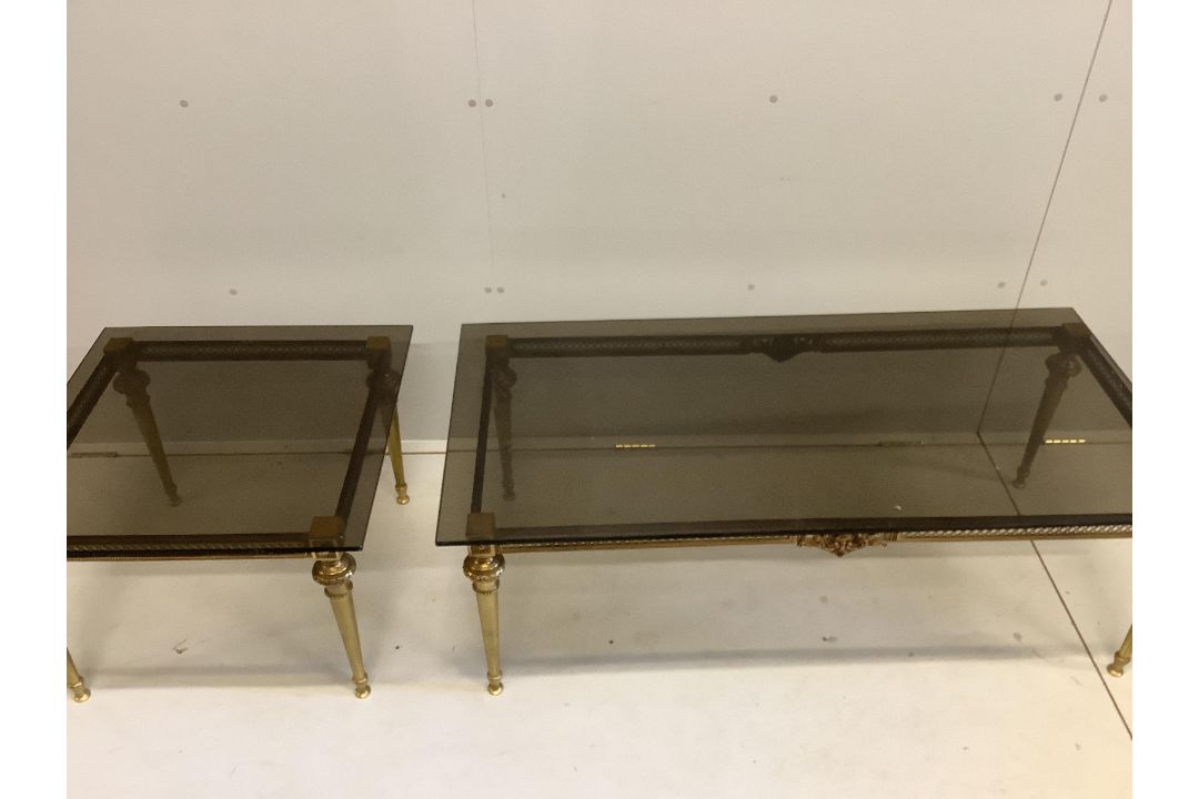 Two brass and smoked glass top coffee tables, larger width 133cm, depth 65cm, height 47cm - Image 2 of 2