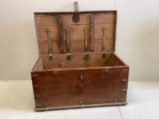 A 19th century brass and iron bound hardwood trunk, width 142cm, depth 76cm, height 69cm