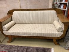 A Biedermeier style inlaid maple settee, width 202cm, depth 73cm, height 93cm