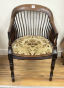 A late Victorian mahogany tub framed elbow chair, width 51cm, depth 47cm, height 82cm
