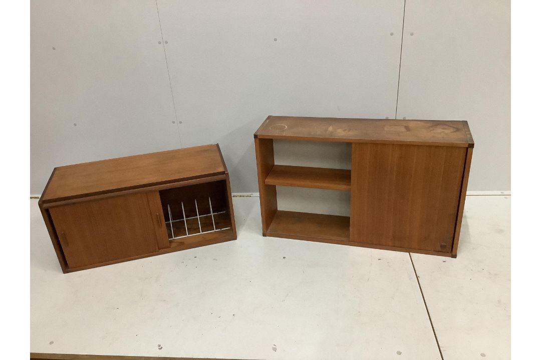 A mid century teak wall cabinet, width 83cm, depth 37cm, height 97cm together with a record cabinet