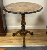 A 19th century Italian floral marquetry burr walnut circular tripod table, diameter 70cm, height