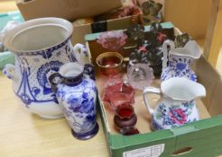 A large Arts and Crafts style two handled blue and white pot, a vase, two jugs, a quantity