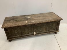 A Zanzibar style brass mounted hardwood coffer, width 142cm, depth 51cm, height 49cm