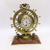 A late Victorian brass and marble ship's wheel timepiece with aneroid barometer and compass, 29.5cm