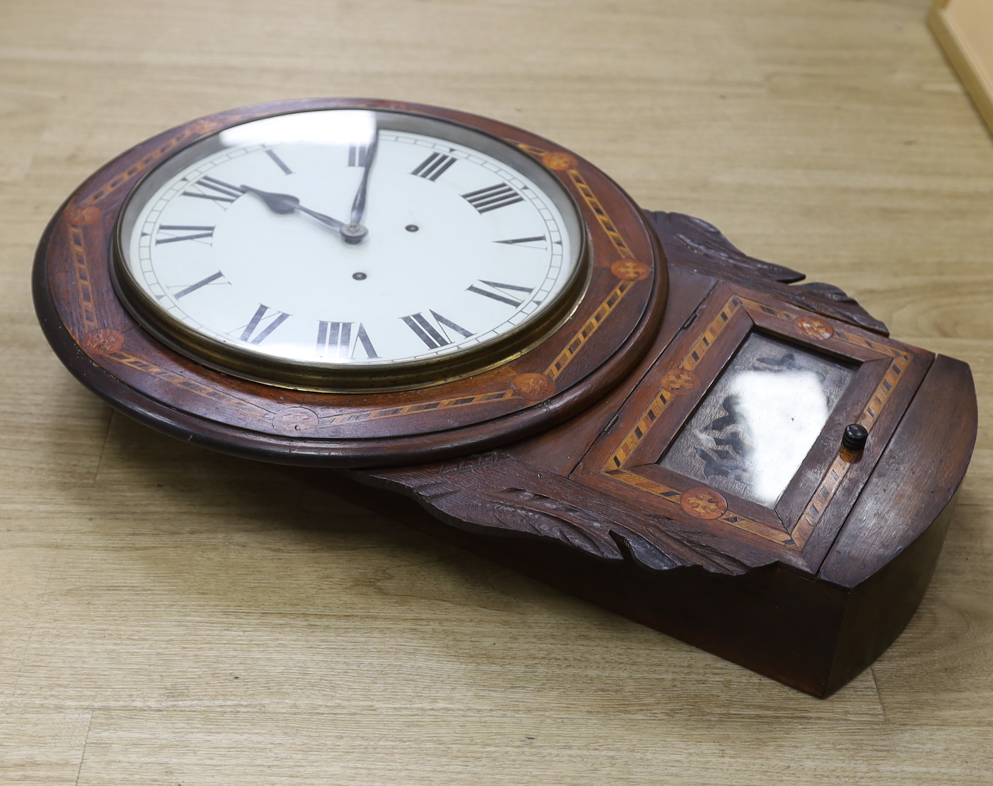 An early 20th century marquetry inlaid drop dial wall clock with German movement, 62cm - Image 2 of 2