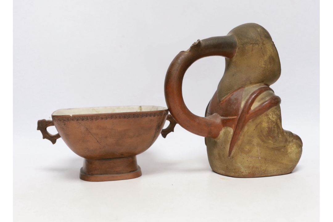 A 19th century Chinese Yixing bowl with character marks and a Peruvian vessel in the form of an owl, - Image 2 of 4