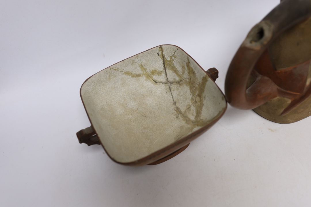 A 19th century Chinese Yixing bowl with character marks and a Peruvian vessel in the form of an owl, - Image 3 of 4