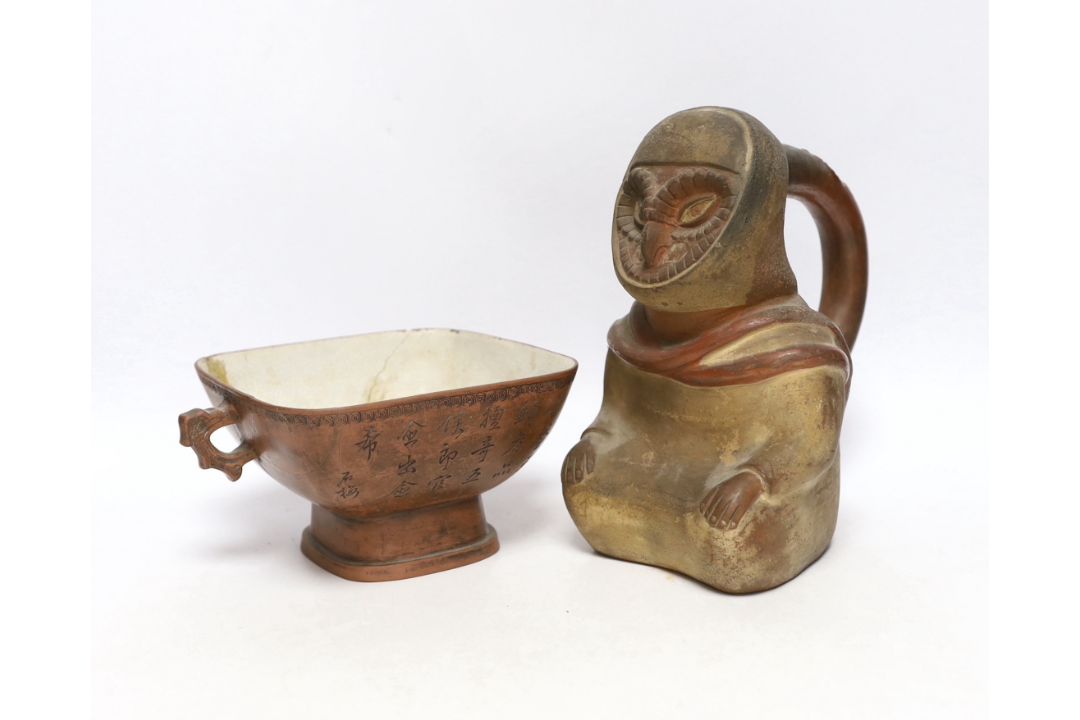 A 19th century Chinese Yixing bowl with character marks and a Peruvian vessel in the form of an owl, - Image 1 of 4