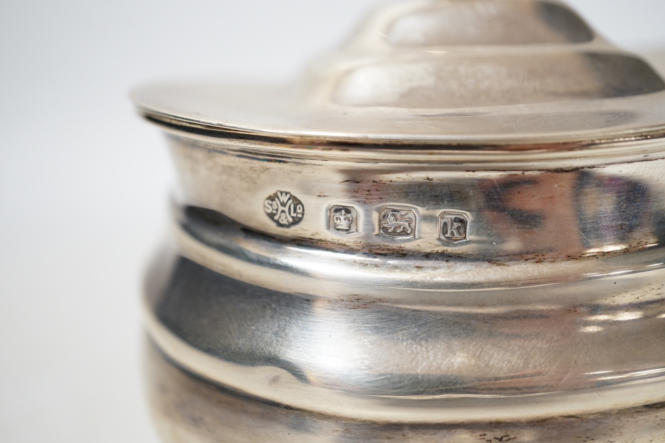 A George V silver oval tea caddy, William Hutton & Sons, Sheffield, 1927, width 93mm, 4.6oz. - Image 2 of 3