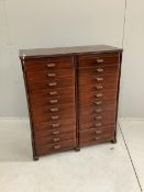A mid century mahogany twenty-two drawer filing chest, width 79cm, depth 36cm, height 91cm