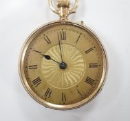 A Swiss 9ct gold open face fob watch, with Roman dial, glass loose, gross weight 26.3 grams.