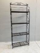 A wrought iron four tier baker's stand, width 76cm, depth 30cm, height 195cm