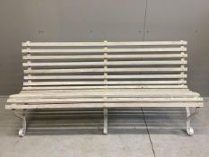 A painted wrought iron slatted wood garden bench, width 179cm, depth 64cm, height 81cm