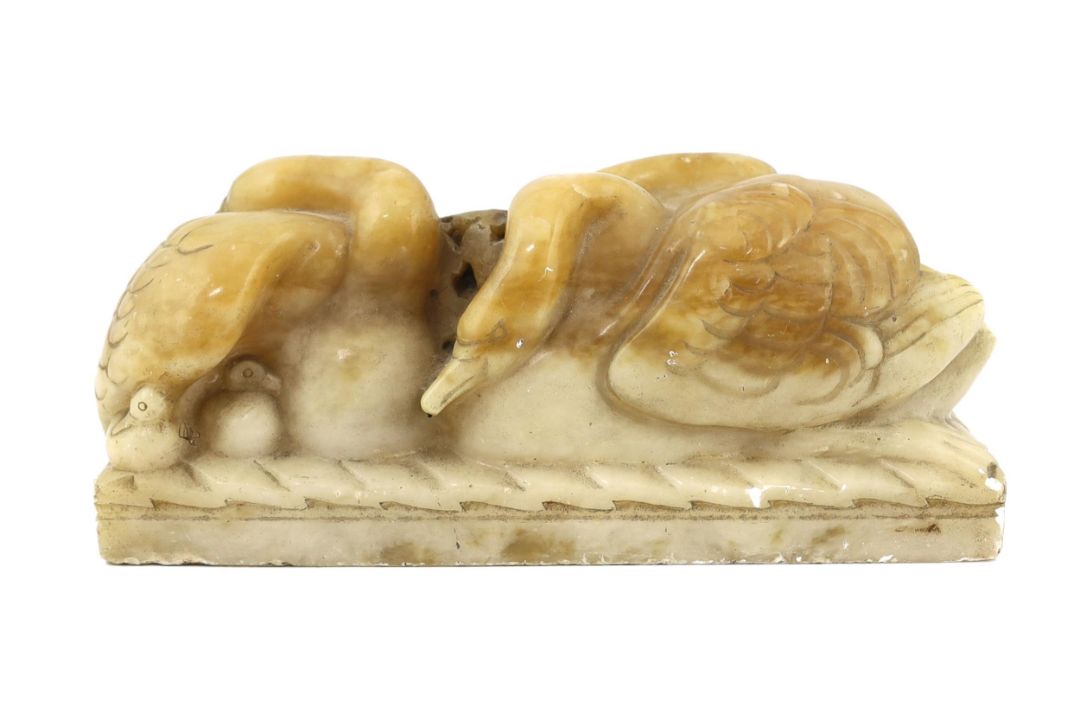 § § William McMillan A.R.A. (1887-1997), a carved alabaster group 'Swans', 43cm wide, 18cm high*** - Image 1 of 3