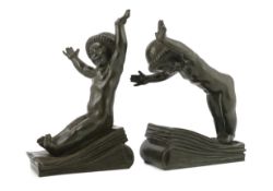 Claude (Claude-Marie Devenet 1851-1931), a pair of French Art Deco bronze bookends, Marcel