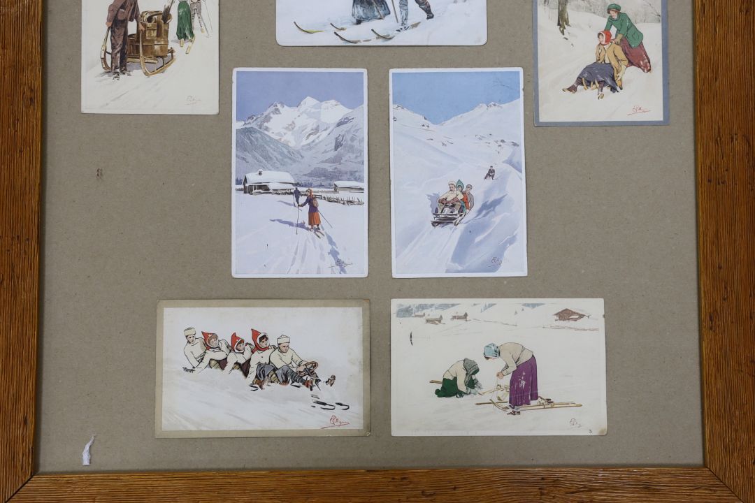 Carlo Pellegrini (1866-1937), seven assorted ski-ing theme postcards, framed as one - Image 4 of 4