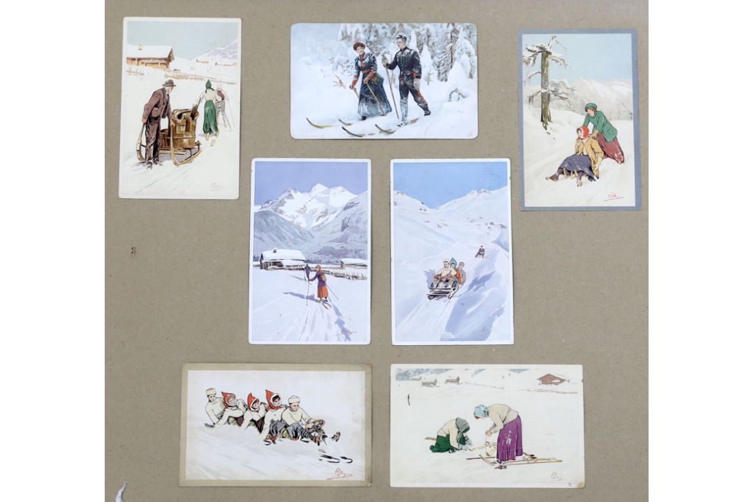Carlo Pellegrini (1866-1937), seven assorted ski-ing theme postcards, framed as one - Image 1 of 4