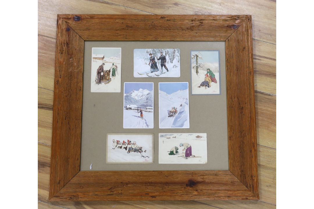 Carlo Pellegrini (1866-1937), seven assorted ski-ing theme postcards, framed as one - Image 2 of 4
