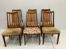 A set of six mid century G Plan Fresco teak dining chairs, width 48cm, depth 43cm, height 91cm