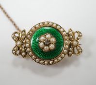 An early 20th century yellow metal, enamel, diamond and seed pearl set brooch, 30mm, gross weight