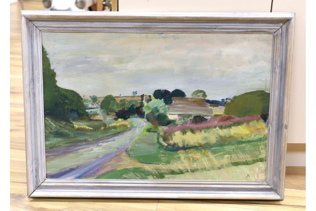 Alan Thornhill, impressionist oil on board, Sapperton, Gloucestershire, signed with monogram, 49 x - Image 2 of 3