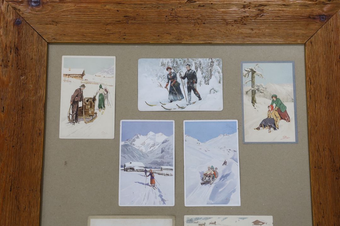 Carlo Pellegrini (1866-1937), seven assorted ski-ing theme postcards, framed as one - Image 3 of 4