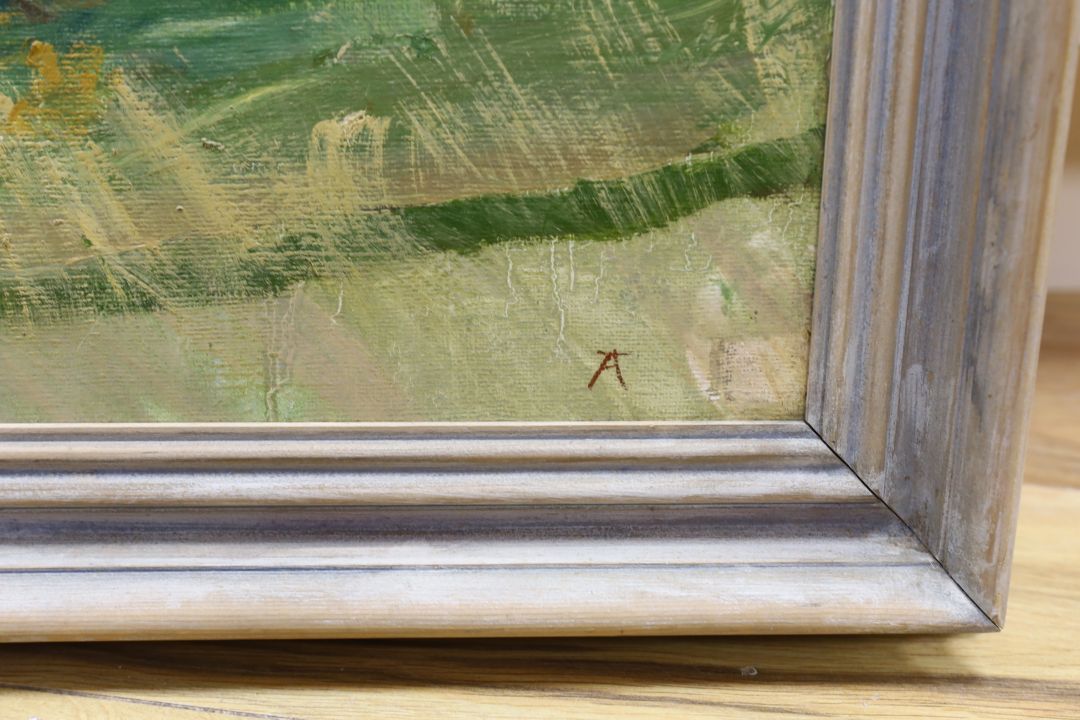 Alan Thornhill, impressionist oil on board, Sapperton, Gloucestershire, signed with monogram, 49 x - Image 3 of 3